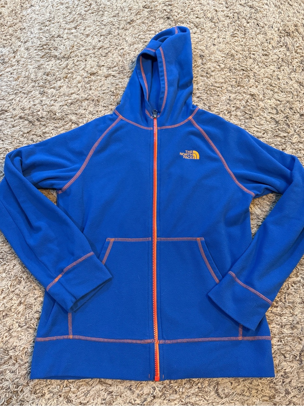 The North Face Blue Fleece zip up hoodie  with Orange Logo-boys (large-14/16)